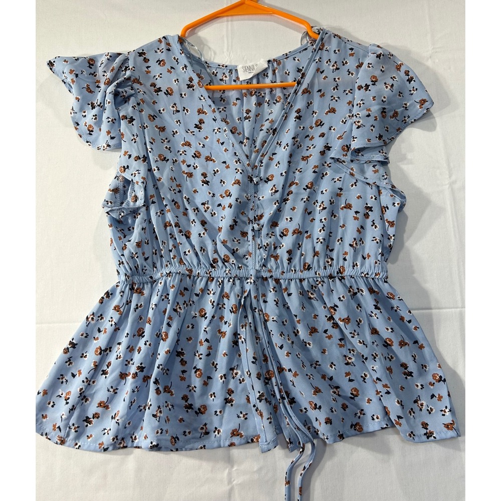 Sienna Sky Blue Floral Peplum Top V-Neck Flutter Sleeve Elastic Waist Medium